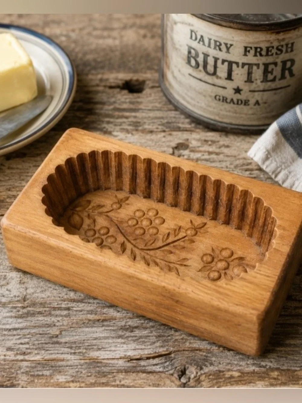 Vintage Hand Carved Wooden Butter Mold Floral Butter Press Farmhouse Primitive
